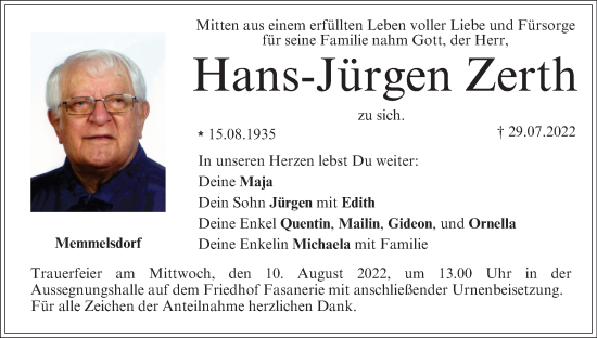 Anzeige von Hans-Jürgen Zerth von MGO