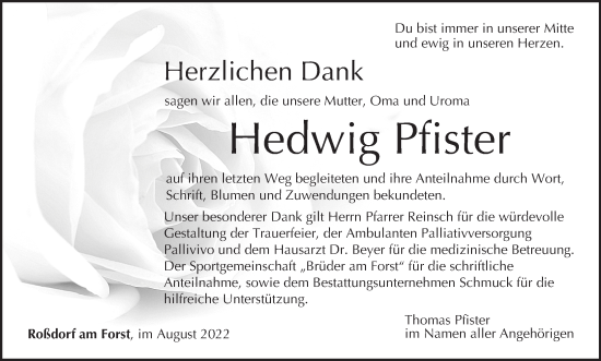 Anzeige von Hedwig Pfister von MGO