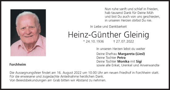 Anzeige von Heinz-Günther Gleinig von MGO