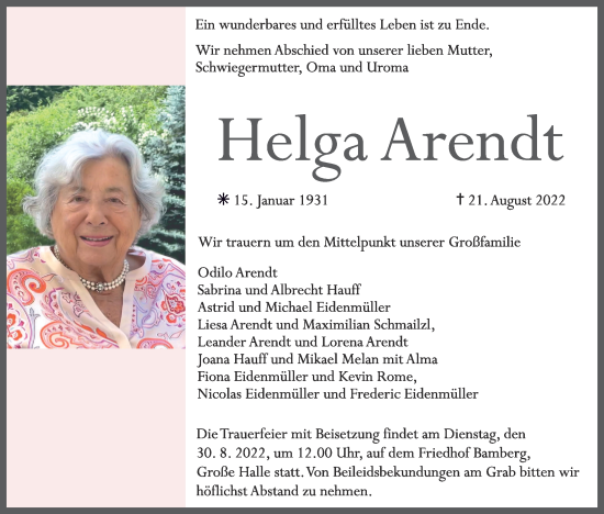 Anzeige von Helga Arendt von MGO