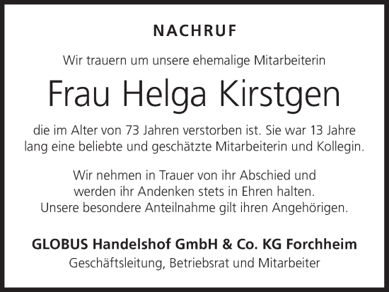 Anzeige von Helga Kirstgen von MGO