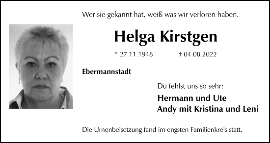 Anzeige von Helga Kirstgen von MGO