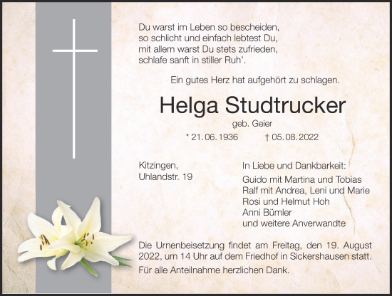 Anzeige von Helga Studtrucker von MGO