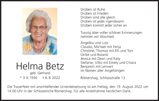 Anzeige von Helma Betz von MGO