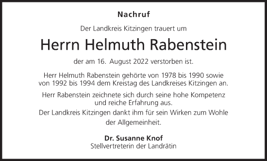 Anzeige von Helmuth Rabenstein von MGO
