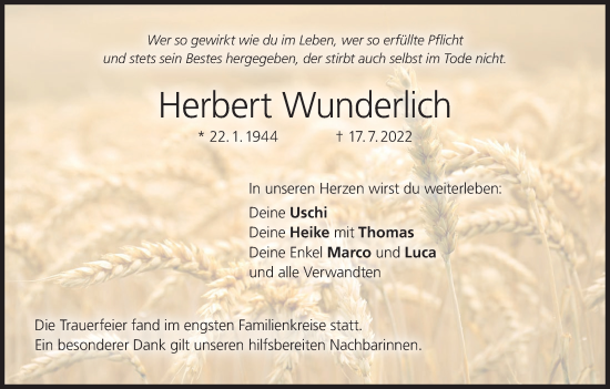 Anzeige von Herbert Wunderlich von MGO