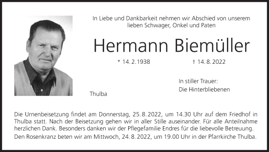 Anzeige von Hermann Biemüller von MGO