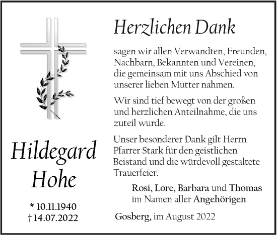 Anzeige von Hildegard Hohe von MGO