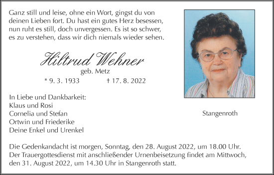Anzeige von Hiltrud Wehner von MGO
