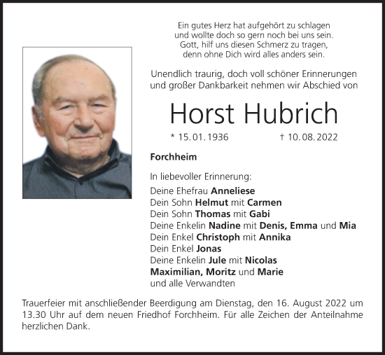 Anzeige von Horst Hubrich von MGO