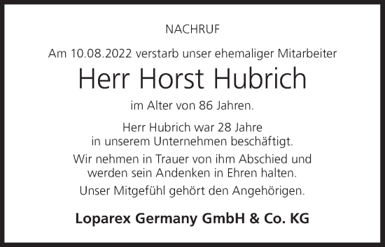 Anzeige von Horst Hubrich von MGO