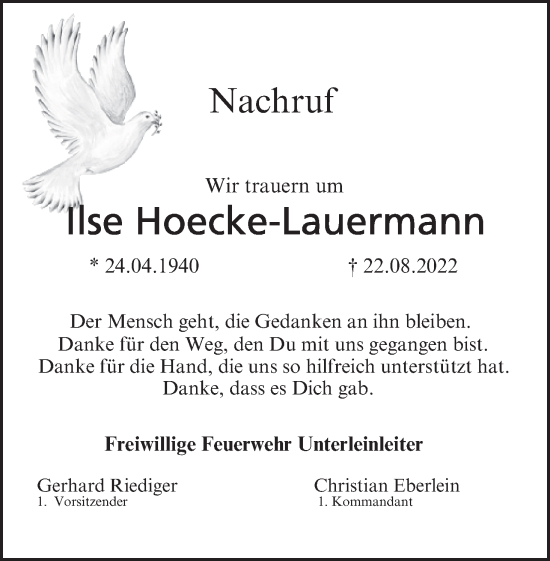 Anzeige von Ilse Hoecke-Lauermann von MGO