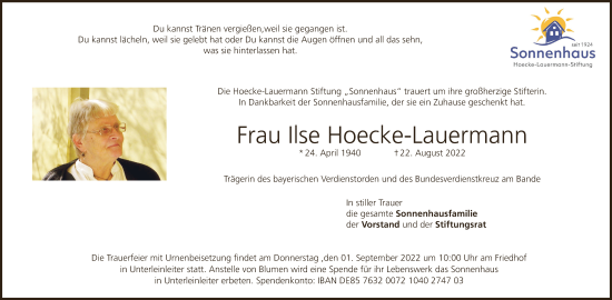 Anzeige von Ilse Hoecke-Lauermann von MGO