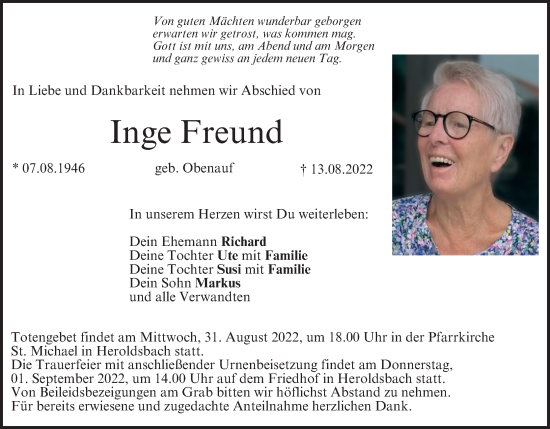 Anzeige von Inge Freund von MGO