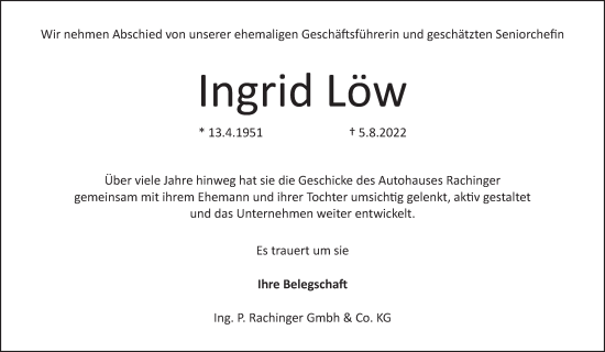 Anzeige von Ingrid Löw von MGO
