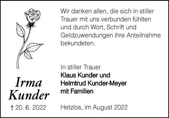 Anzeige von Irma Kunder von MGO