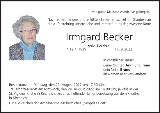 Anzeige von Irmgard Becker von MGO