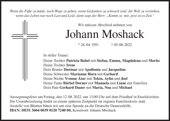 Anzeige von Johann Moshack von MGO