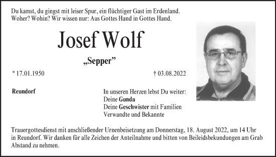 Anzeige von Josef Wolf von MGO