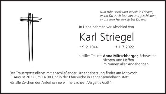 Anzeige von Karl Striegel von MGO