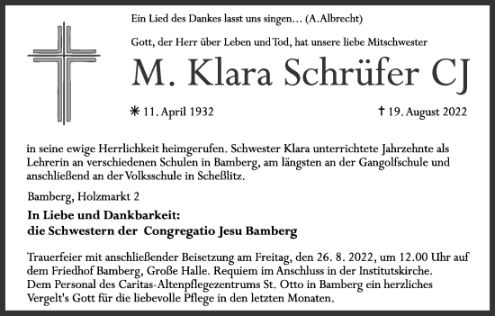 Anzeige von M. Klara Schrüfer von MGO
