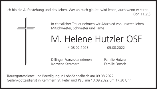 Anzeige von M Helene Hutzler von MGO