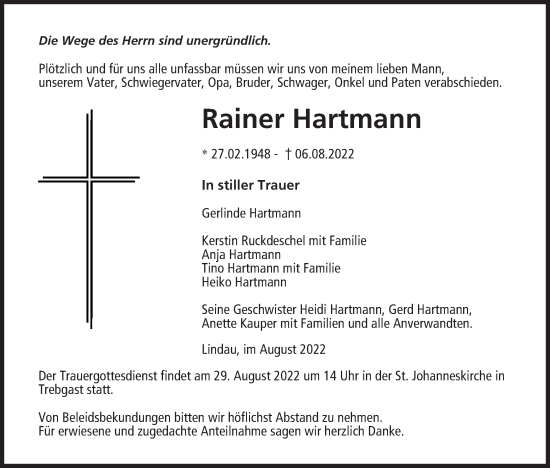 Anzeige von Rainer Hartmann von MGO