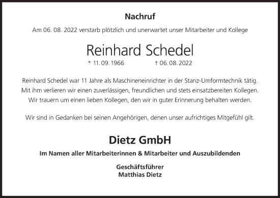 Anzeige von Reinhard Schedel von MGO