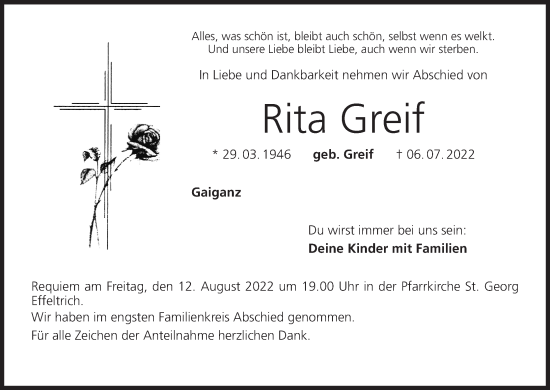 Anzeige von Rita Greif von MGO