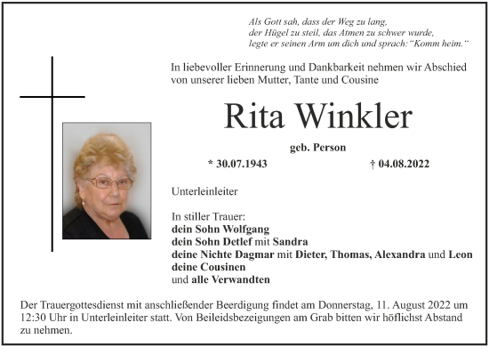 Anzeige von Rita Winkler von MGO