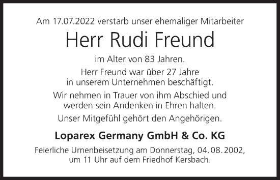Anzeige von Rudi Freund von MGO