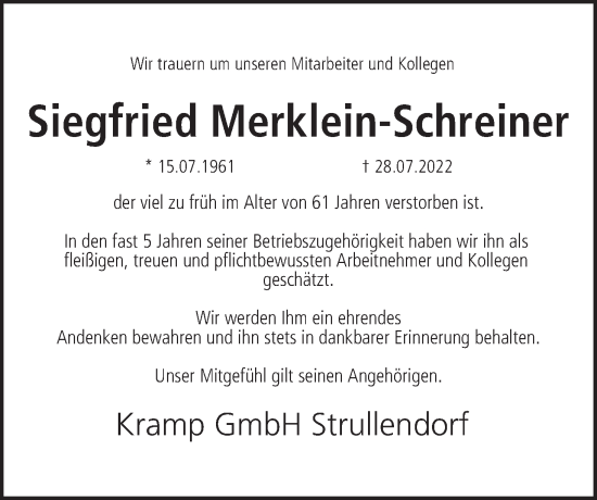 Anzeige von Siegfried Merklein-Schreiner von MGO