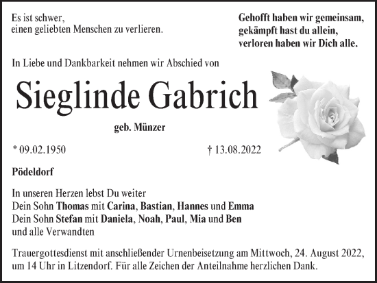 Anzeige von Sieglinde Gabrich von MGO