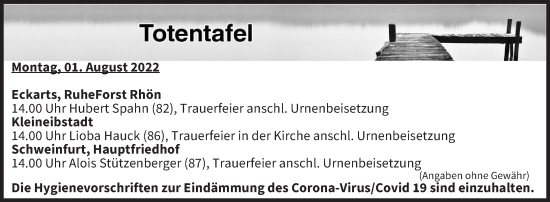 Anzeige von Totentafel vom 01.08.2022 von MGO
