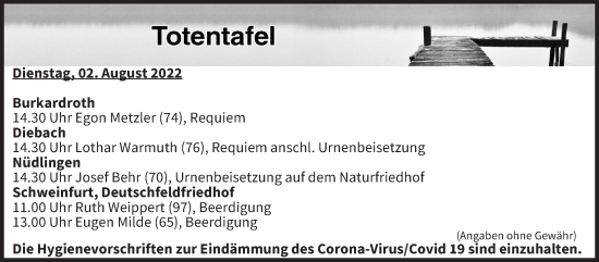 Anzeige von Totentafel vom 02.08.2022 von MGO