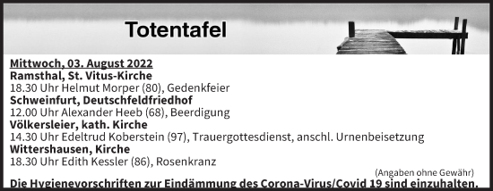 Anzeige von Totentafel vom 03.08.2022 von MGO