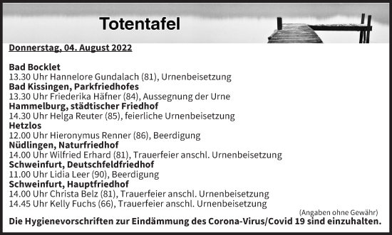 Anzeige von Totentafel vom 04.08.2022 von MGO