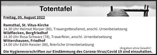 Anzeige von Totentafel vom 05.08.2022 von MGO