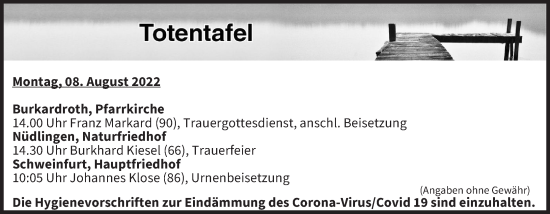 Anzeige von Totentafel vom 08.08.2022 von MGO
