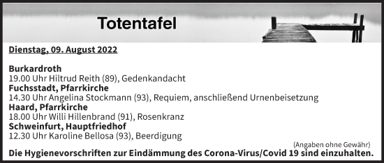 Anzeige von Totentafel vom 09.08.2022 von MGO