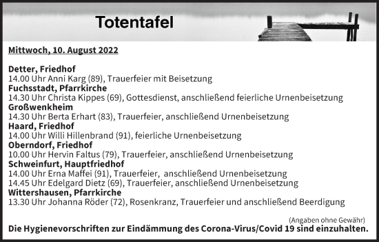 Anzeige von Totentafel vom 10.08.2022 von MGO