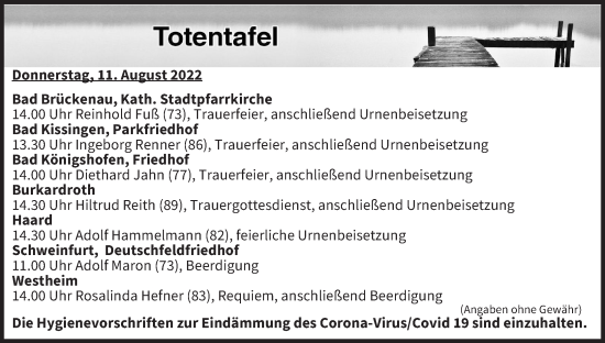 Anzeige von Totentafel vom 11.08.2022 von MGO