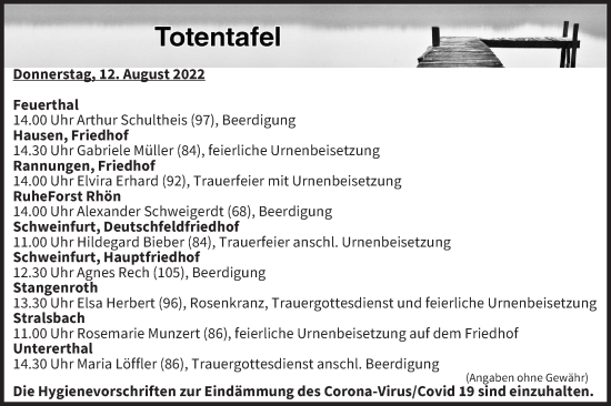 Anzeige von Totentafel vom 12.08.2022 von MGO