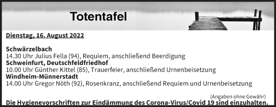 Anzeige von Totentafel vom 16.08.2022 von MGO