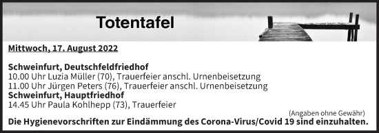 Anzeige von Totentafel vom 17.08.2022 von MGO