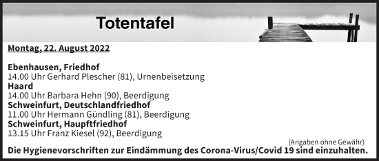 Anzeige von Totentafel vom 22.08.2022 von MGO