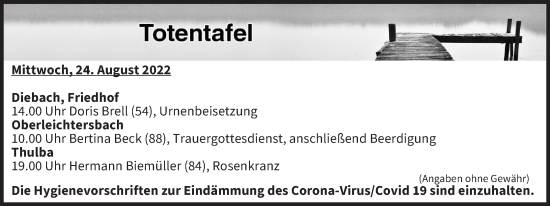 Anzeige von Totentafel vom 24.08.2022 von MGO
