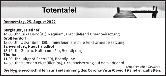 Anzeige von Totentafel vom 25.08.2022 von MGO