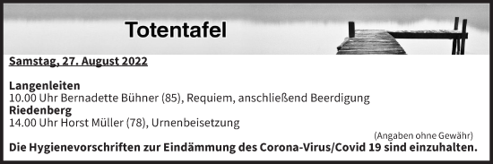 Anzeige von Totentafel vom 27.08.2022 von MGO