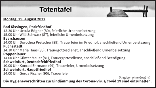 Anzeige von Totentafel vom 29.08.2022 von MGO